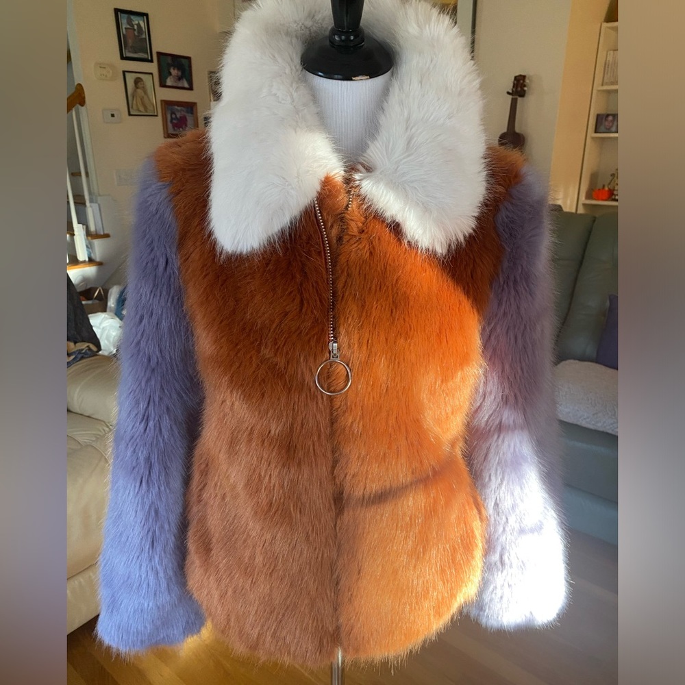 NWT LPA Fur Colorblock Jacket Lilac and Rust XS